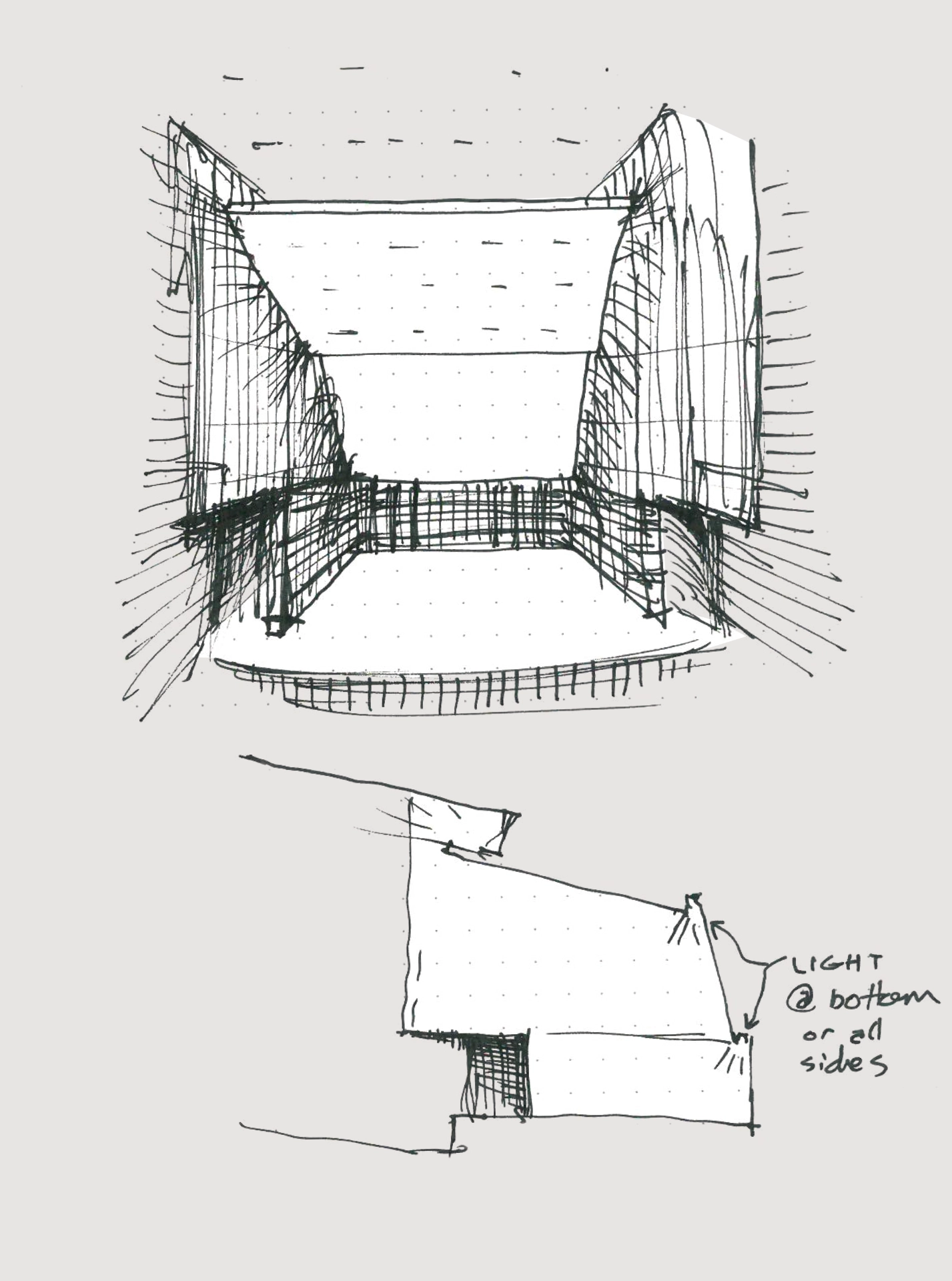 Sketch studies of a concert hall stage with angled walls and floating ceiling panels.