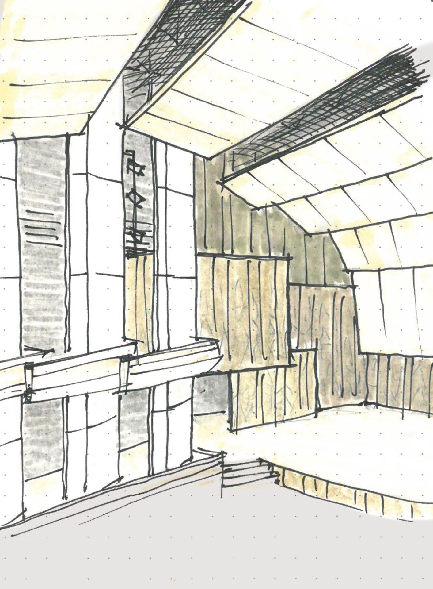 Sketch studies of a concert hall stage with angled walls and floating ceiling panels.