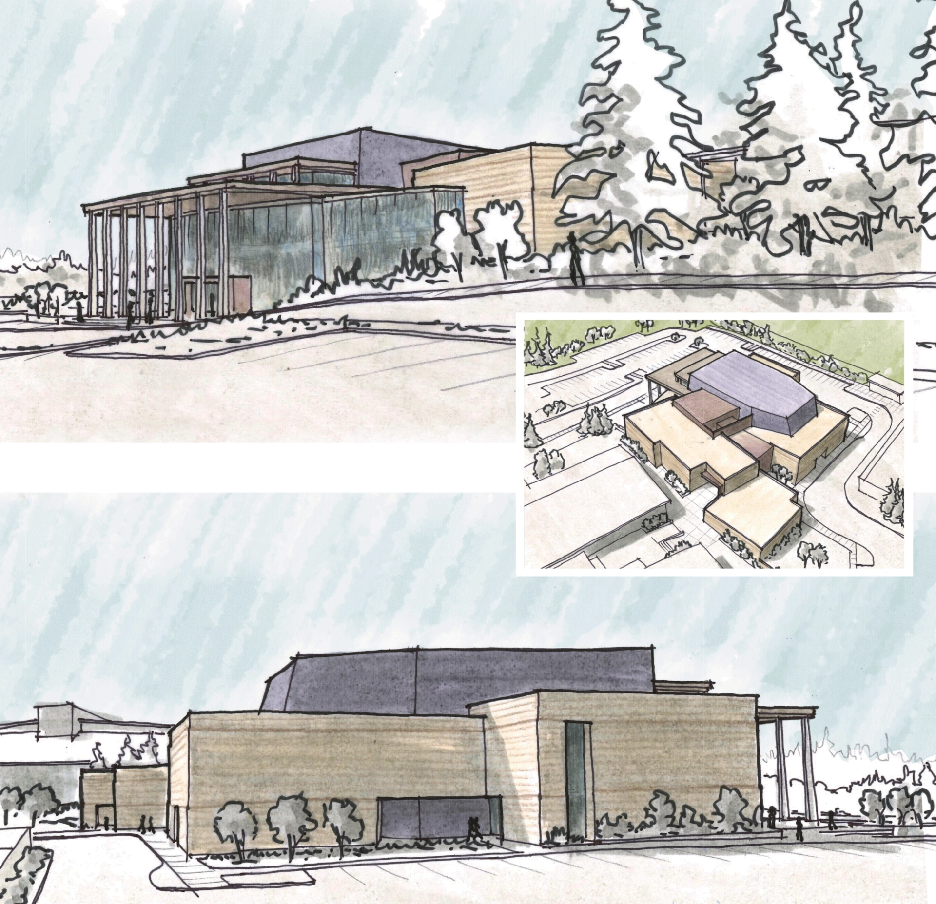 Hand renderings of a building with a cool toned central mass rising above warm, light colored blocky lower masses; three points of view, from the front, rear, and birds-eye.