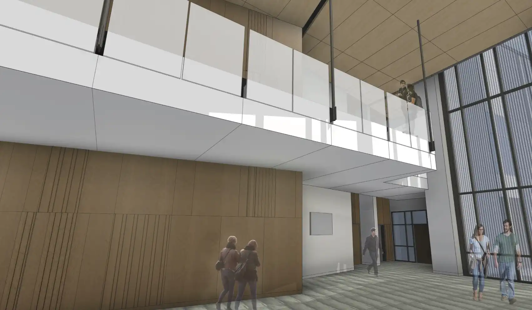 Schematic rendering of a suspended lobby balcony.