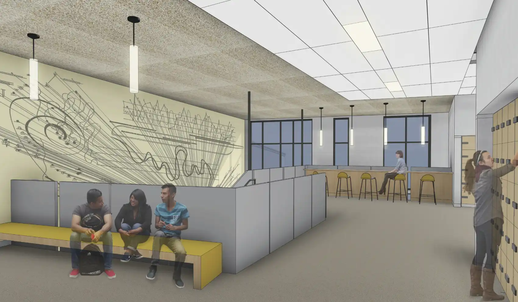 Schematic rendering of a stair hall with seating, lockers, and a large mural.