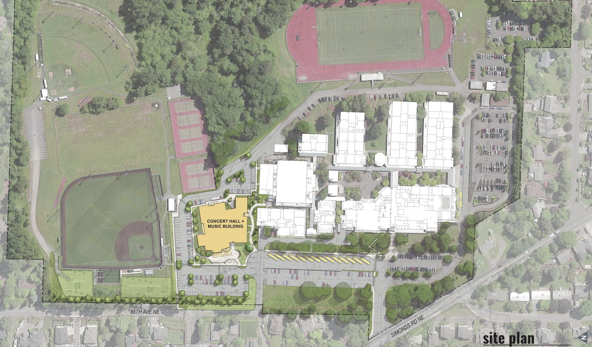 An aerial photo with site plan overlaid of the existing school with the new building highlighted.