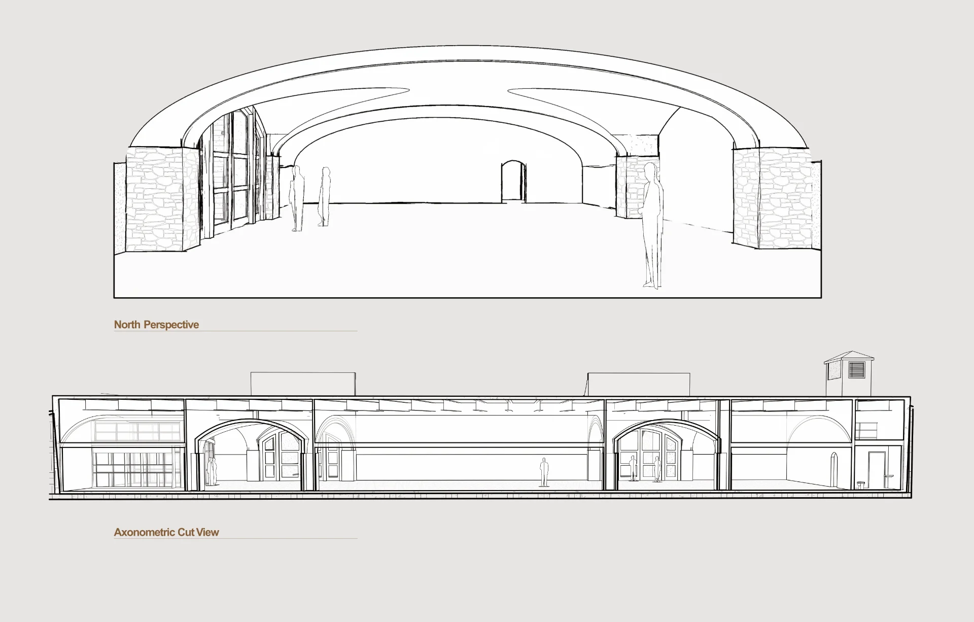 Perspective of empty wine cave with vaulted ceilings and a semi-transparent cut-away of the entire building.