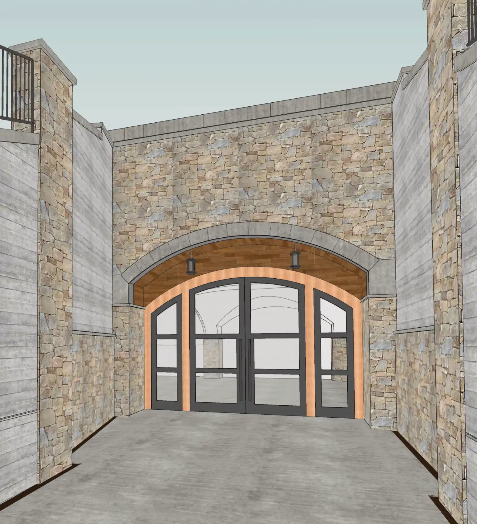 Rendering of stone and concrete entry portal and retaining walls.