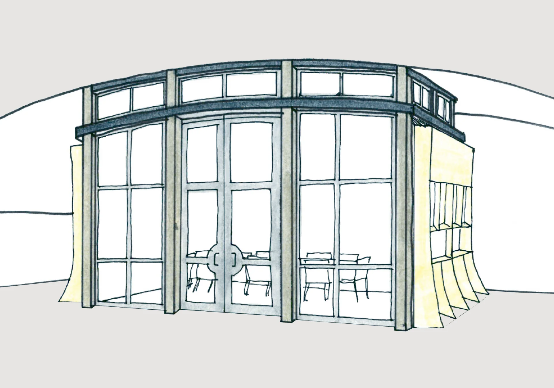 Sketch of the outside of the glass-box tasting room with large metal storefront windows, wood trim, and vaulted ceiling.