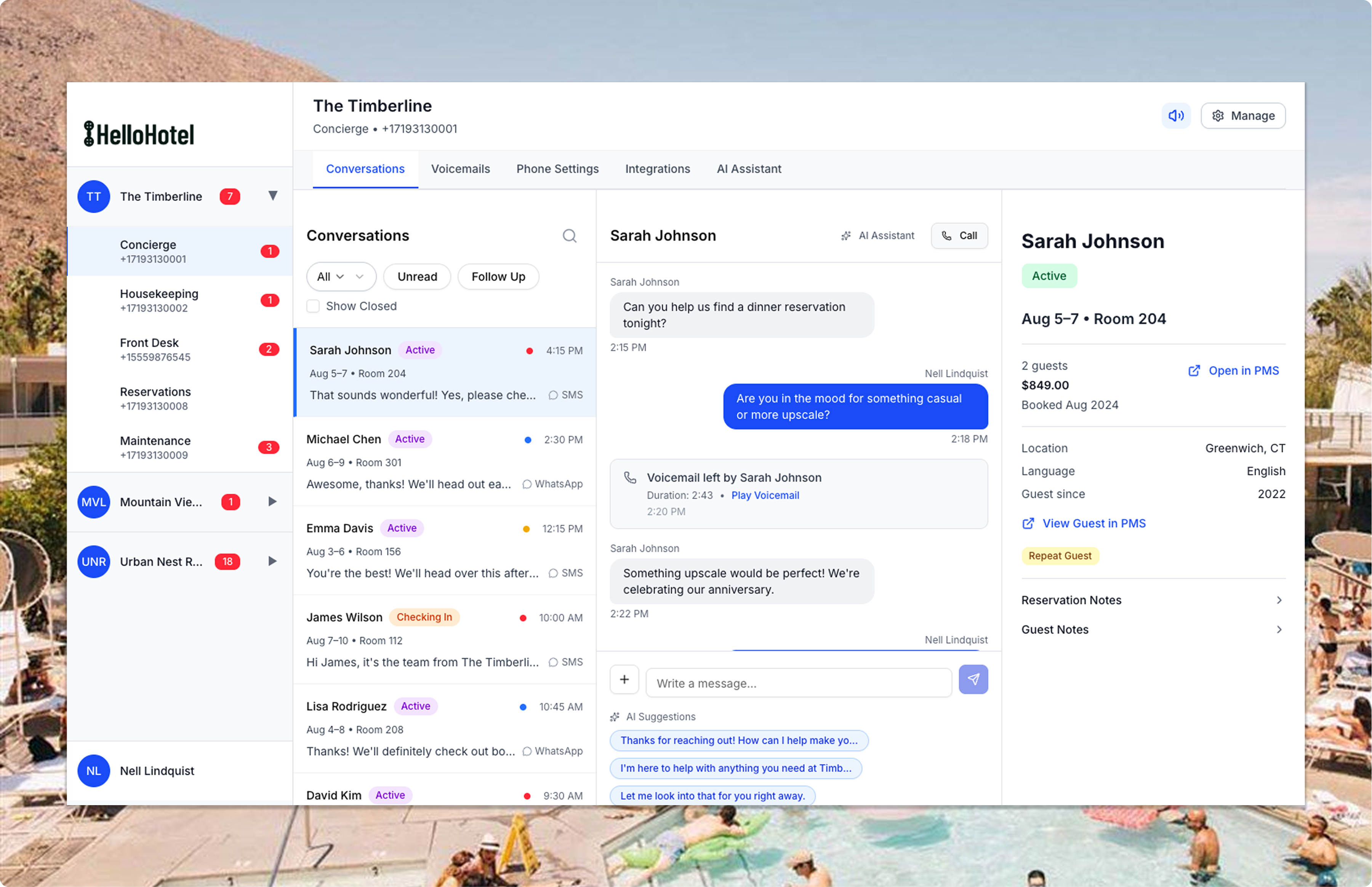 Hotel concierge messaging interface showing conversations with guests, including a chat with Sarah Johnson discussing dinner reservations, guest details, and voicemail playback.