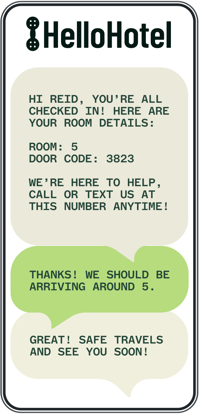 Smartphone screen showing HelloHotel chat with room check-in confirmation for Reid, including room 5 and door code 3823, guest's arrival message, and hotel reply.