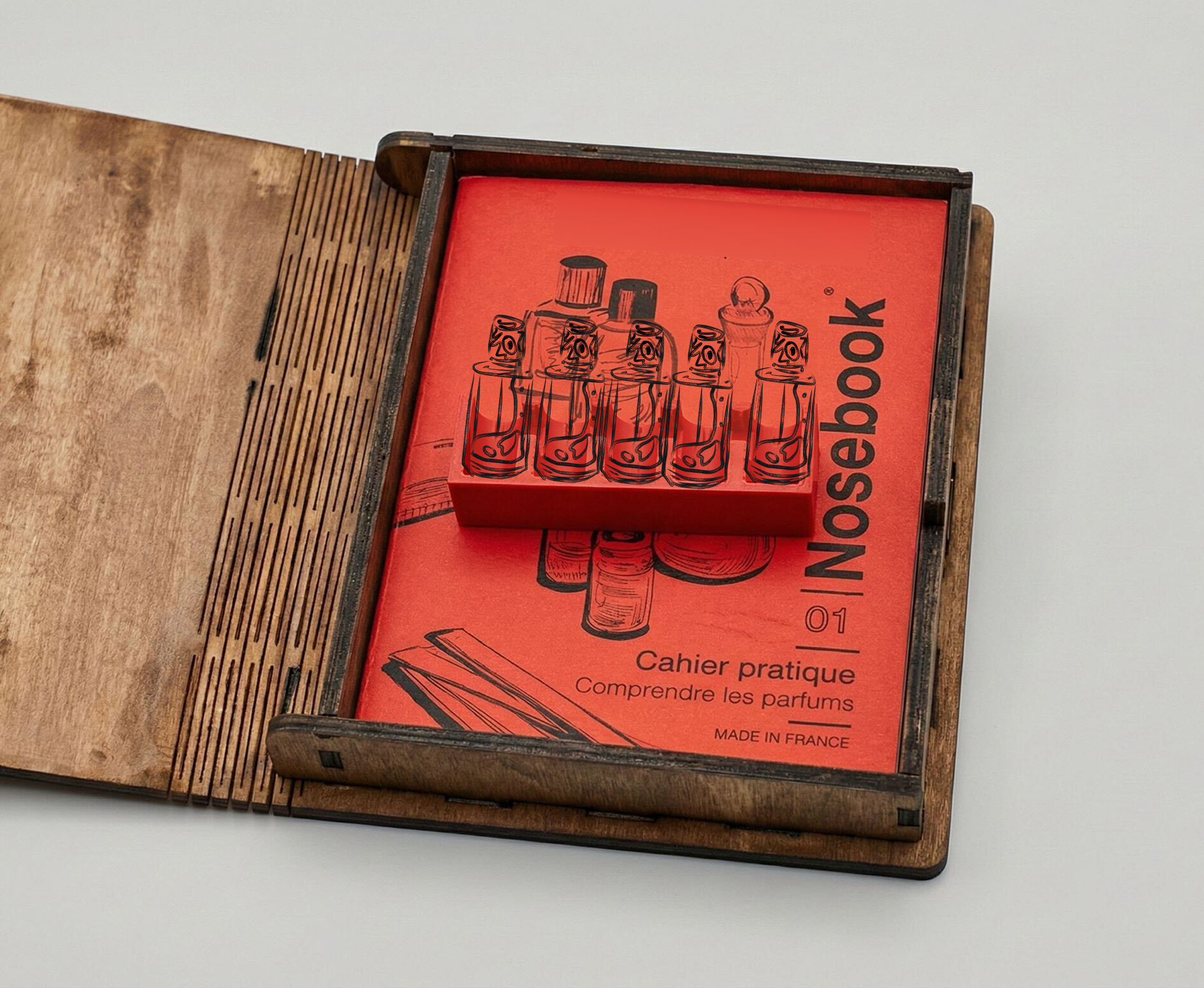 Personne portant une veste tricotée bleue et un pantalon marron ayant à la main un carnet rouge et une touche, les deux intitulés Nosebook, marchant près de l'eau.