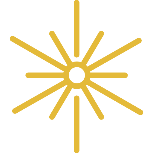 Golden yellow starburst icon with eight rays extending from a central circle on a transparent background.