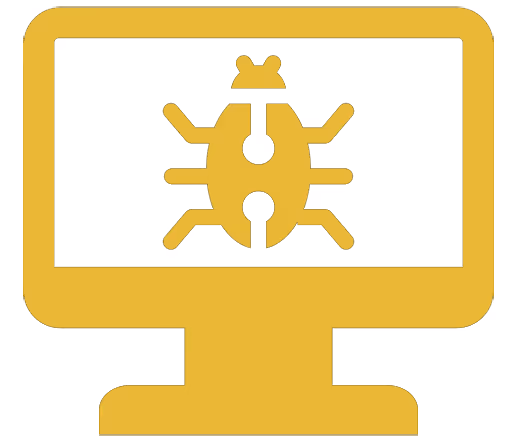 Icon of a computer monitor with a bug symbol on the screen, representing malware or computer virus.