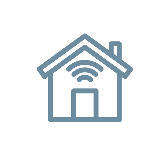 Icon of a house with a Wi-Fi signal inside representing smart home technology.
