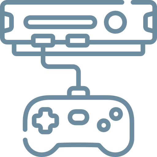 Outline icon of a classic video game console connected to a controller with a directional pad and buttons.