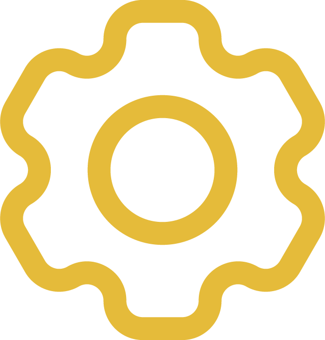 Yellow gear icon with six rounded teeth on a black background.