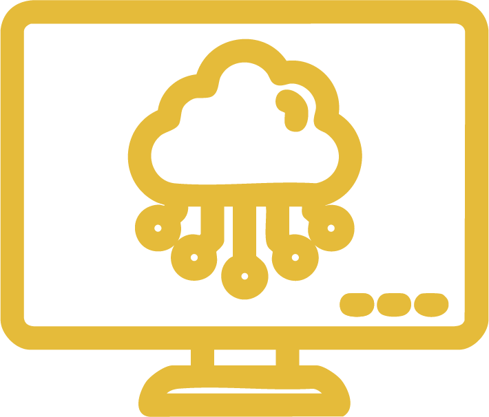 Gold outline of a computer monitor displaying a cloud with connected nodes icon, symbolizing cloud computing.