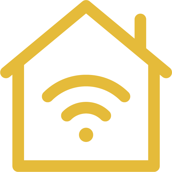 Yellow house outline with a Wi-Fi signal symbol inside representing home internet connectivity.
