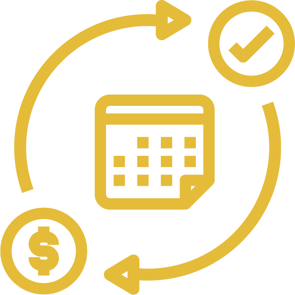 Gold icon with a calendar in the center, surrounded by circular arrows connecting a dollar sign and a checkmark.