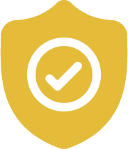 Gold shield icon with a black checkmark inside a circle representing security or protection.