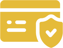 Gold credit card icon with a shield and checkmark representing secure payment.