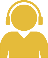 Yellow silhouette of a person wearing a headset on a black background.