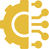 Yellow gear icon with six rounded teeth on a black background.