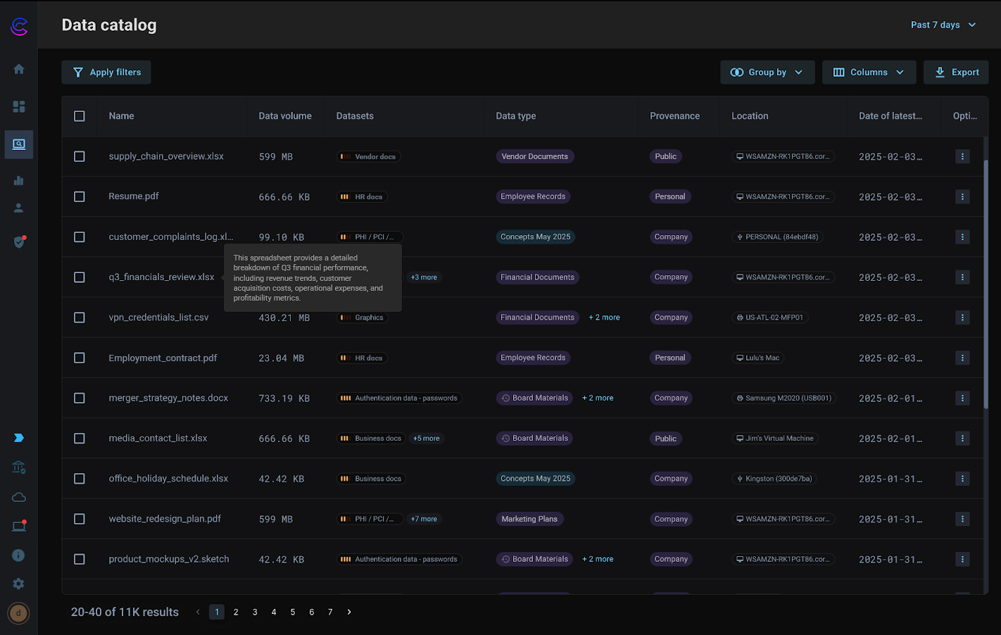 Cyberhaven Data Catalog interface displaying file inventory with metadata including data type, provenance, and classification tags