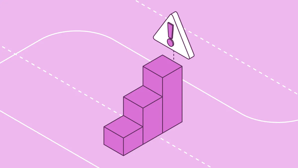Isometric illustration of an ascending step chart with a warning triangle icon, symbolizing rising AI adoption risk for the enterprise.
