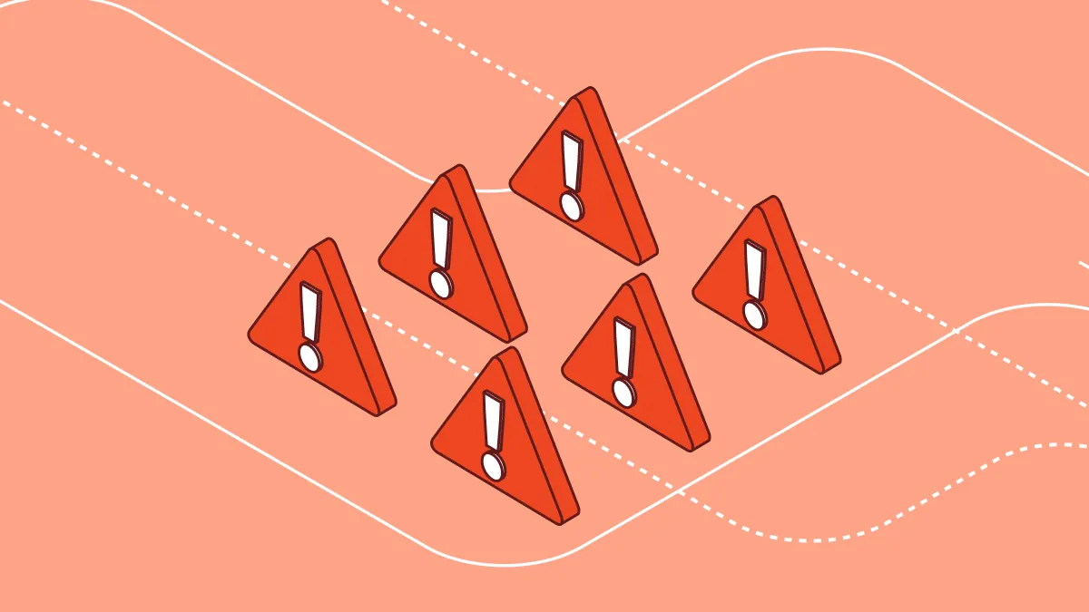 Isometric illustration of red warning triangles on a coral background symbolizing endpoint risk