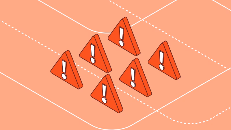 Isometric illustration of red warning triangles on a coral background symbolizing endpoint risk