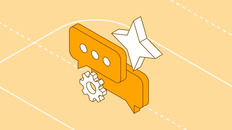 Illustration of chat bubbles, gear, and star representing LLM controls