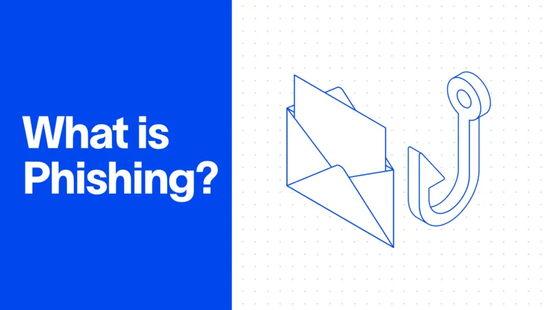 What is phishing illustration: open envelope with letter next to a fishing hook on a dotted grid background.