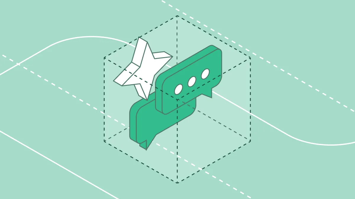 Illustration of an AI agent (origami star) interacting with chat bubbles inside a wireframe data cube.
