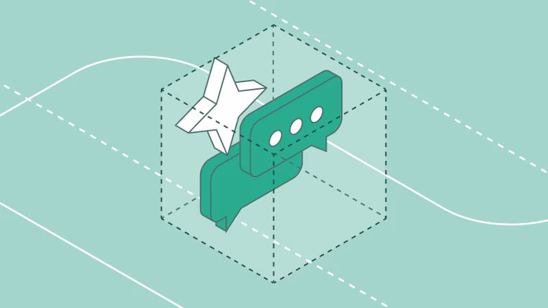 Illustration of an AI agent (origami star) interacting with chat bubbles inside a wireframe data cube.
