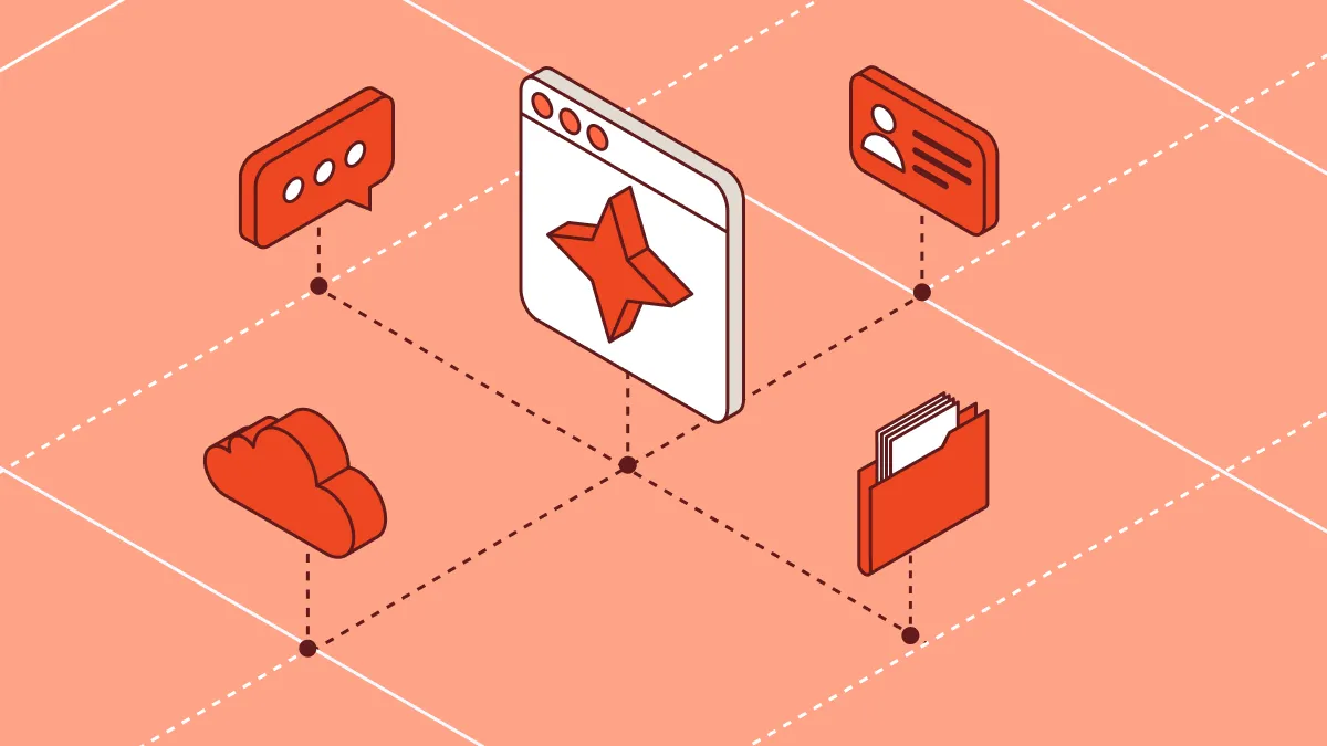 Isometric illustration showing AI tools connected through dotted lines to a central app window with documents, chat bubbles, user cards, cloud, and folder icons