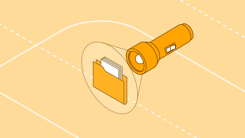 Flashlight illuminating a folder of files, illustrating visibility into shadow AI agents on endpoints