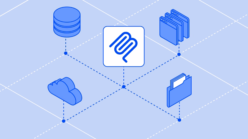 Diagram of the MCP logo at the center of an isometric grid connecting databases, applications, cloud storage, and file repositories