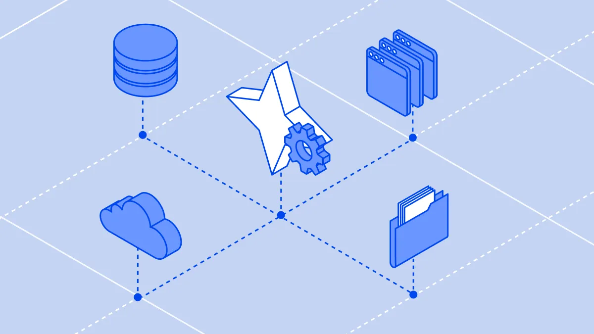 Diagram of the MCP logo at the center of an isometric grid connecting databases, applications, cloud storage, and file repositories