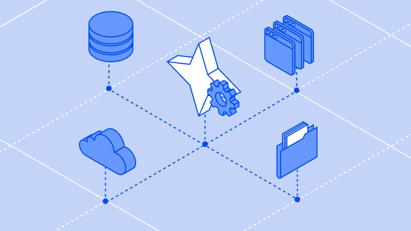 Diagram of the MCP logo at the center of an isometric grid connecting databases, applications, cloud storage, and file repositories