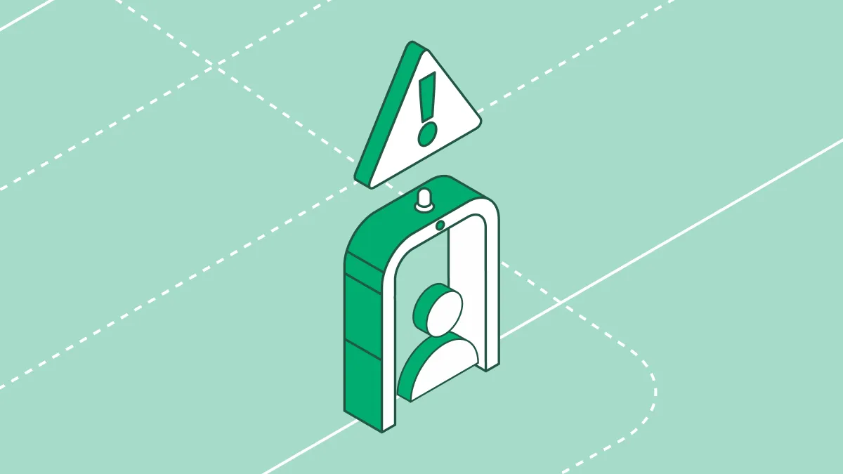 Insider risk management illustration showing a person under a monitored archway with a warning alert