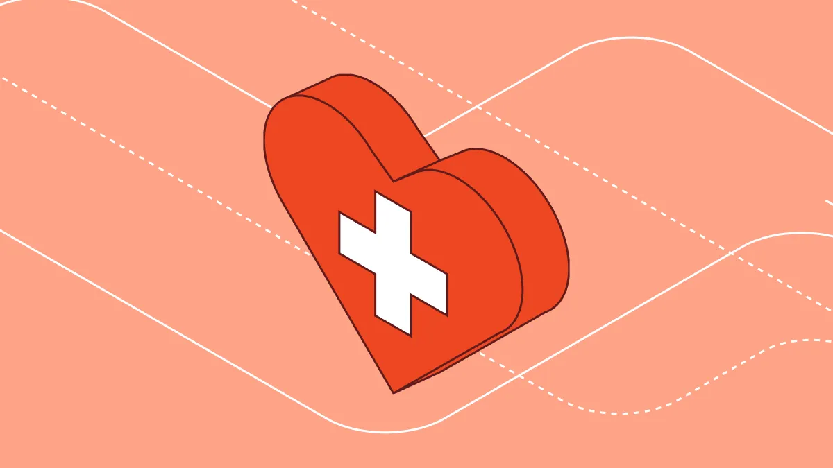 Stylized red healthcare cross inside a heart on a peach background, representing AI security for protecting PHI in healthcare.