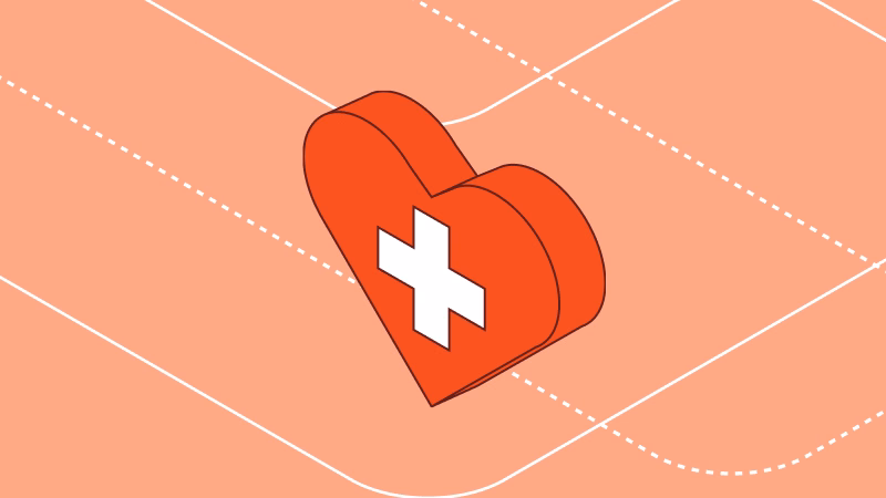 Stylized red healthcare cross inside a heart, representing protecting PHI when employees use GenAI tools.