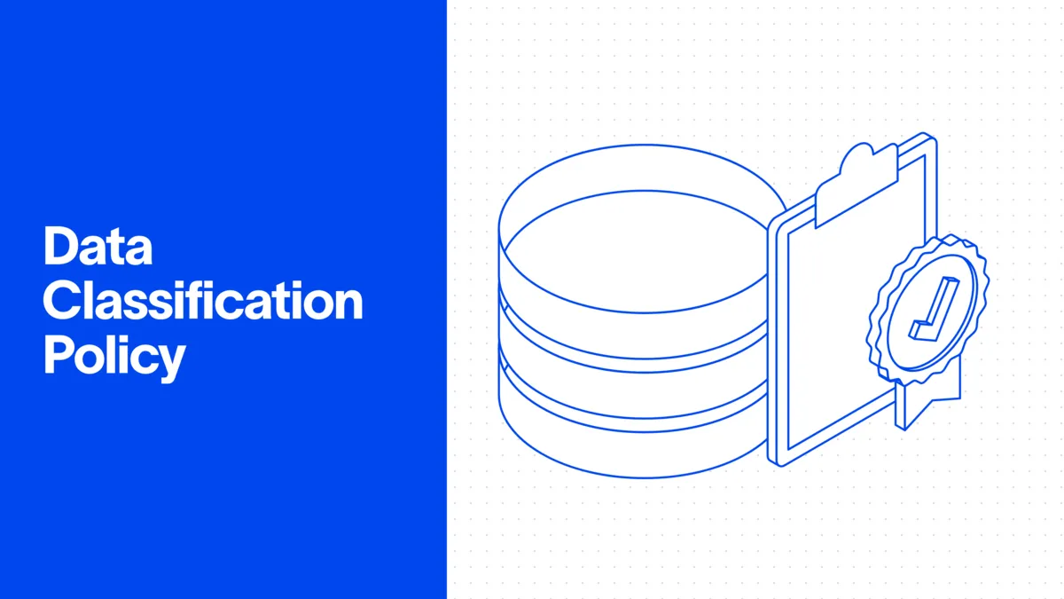 Data Classification Policy — illustration of a database with an approved policy clipboard
