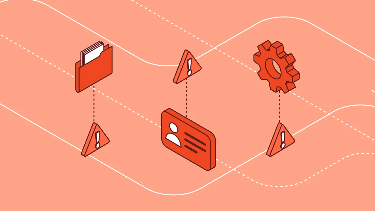 Illustration of files, an ID badge, and a system gear connected by data flow paths, each flagged with warning signals