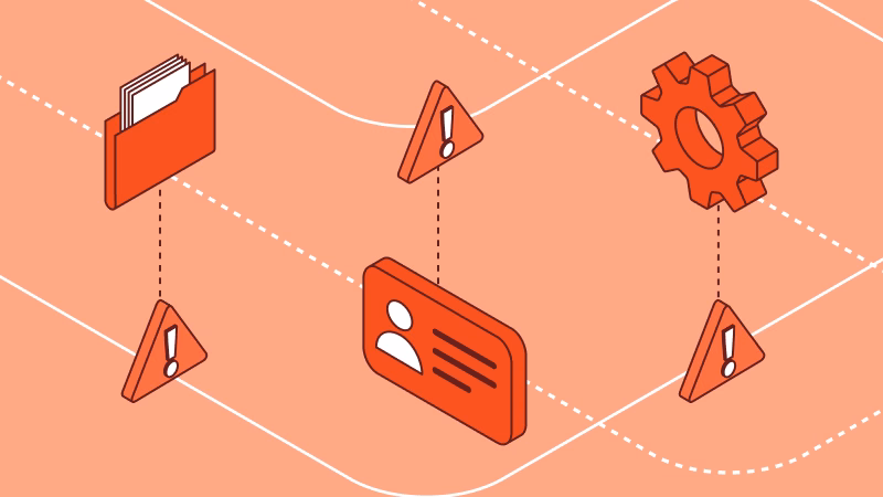 Illustration of files, an ID badge, and a system gear connected by data flow paths, each flagged with warning signals