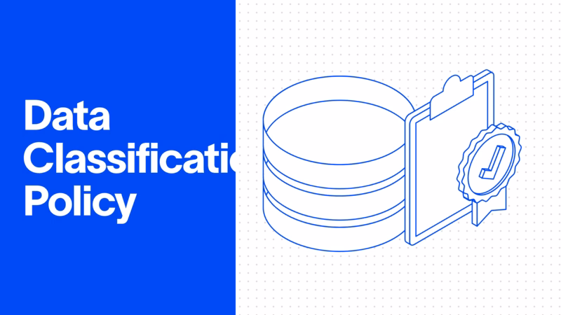 Data Classification Policy — illustration of a database with an approved policy clipboard
