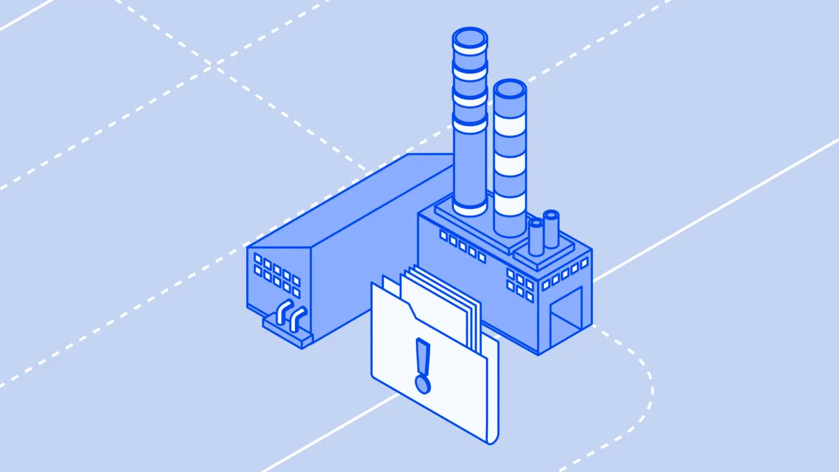 Isometric illustration of a factory with a folder of protected design files
