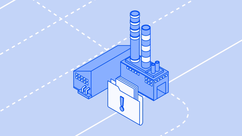 Isometric illustration of a factory with a folder of protected design files