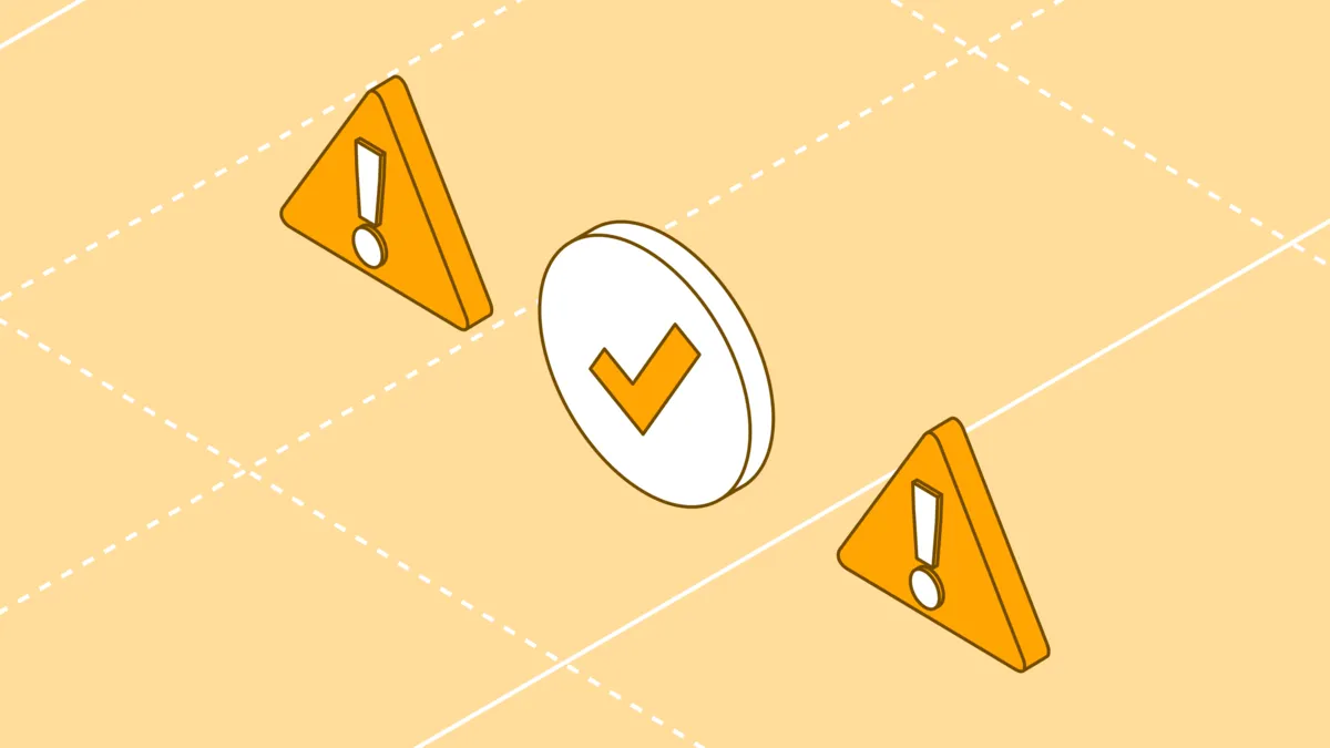 Isometric illustration of a checkmark between two warning signs