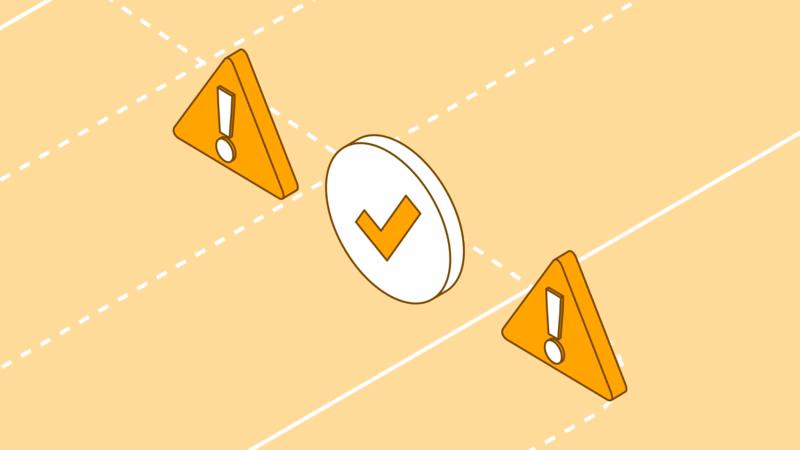 Isometric illustration of a checkmark between two warning signs