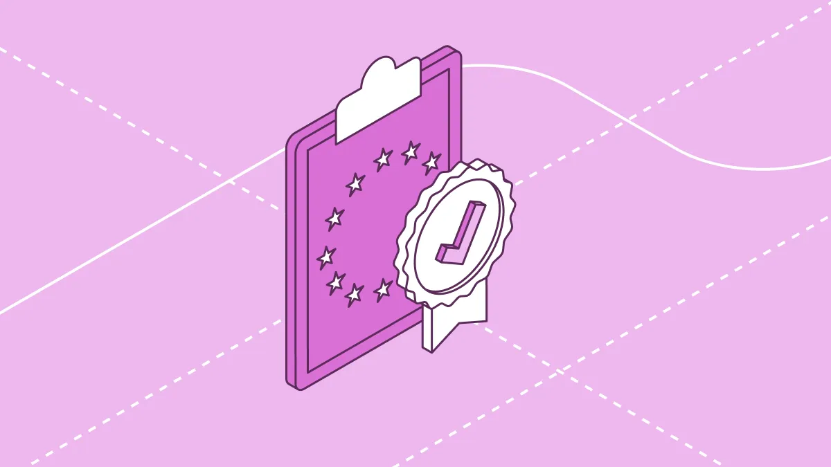 GDPR Article 32 compliance illustration: clipboard with EU flag stars and a compliance checkmark badge