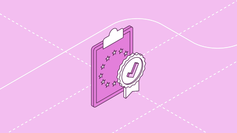 GDPR Article 32 compliance illustration: clipboard with EU flag stars and a compliance checkmark badge
